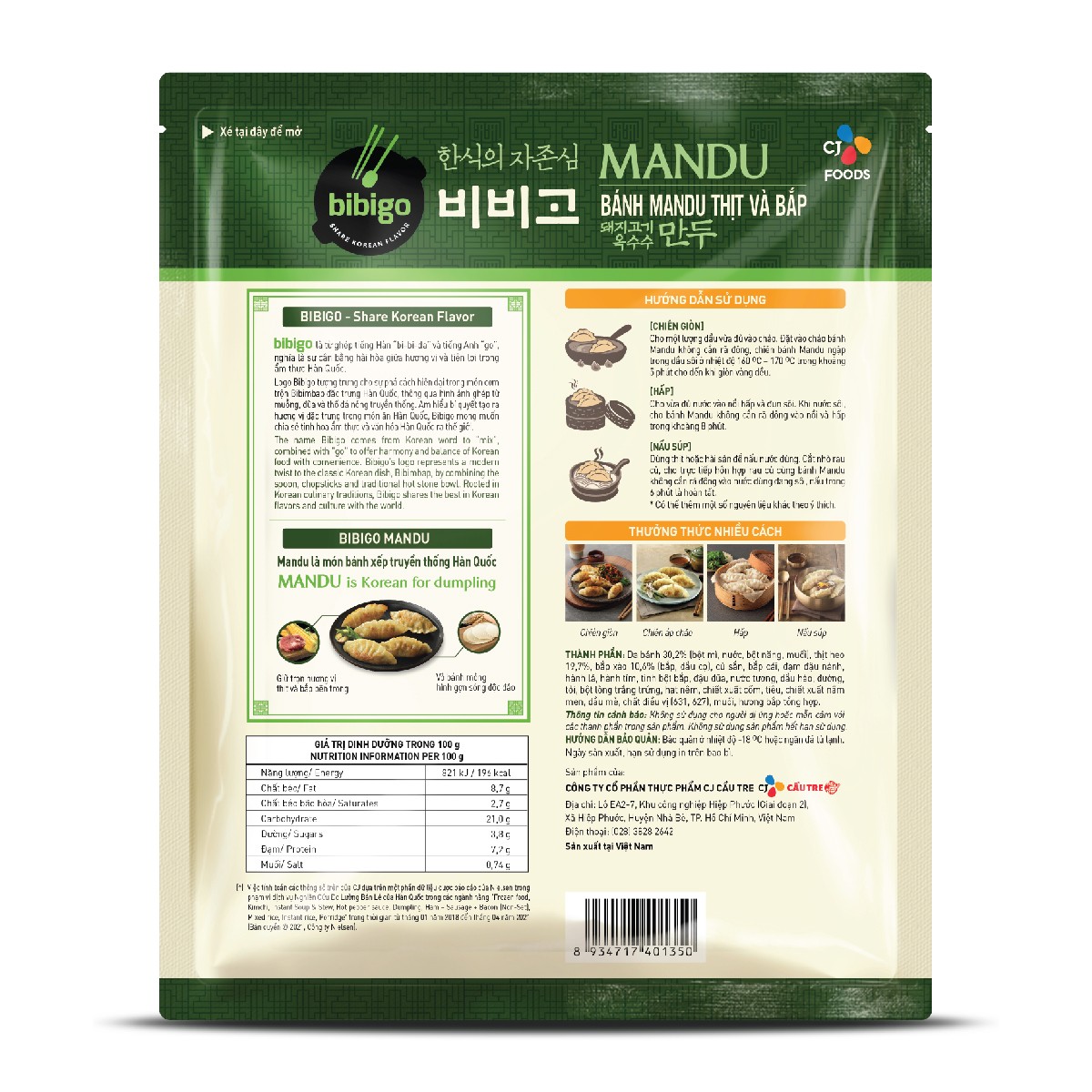 Mandu BIBIGO Thịt & Bắp Gói 350g