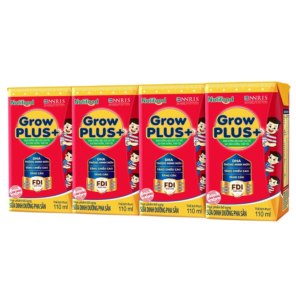 Sữa Grow Plus+ Nutifood ít đường 110ml – Lốc 4 hộp