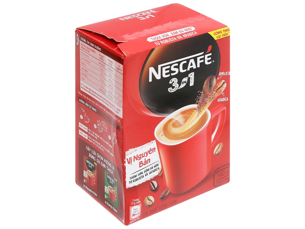 Cà phê hòa tan NESCAFÉ 3in1 Vị Nguyên Bản hộp đỏ 340 gam (20 gói x 17 gam)