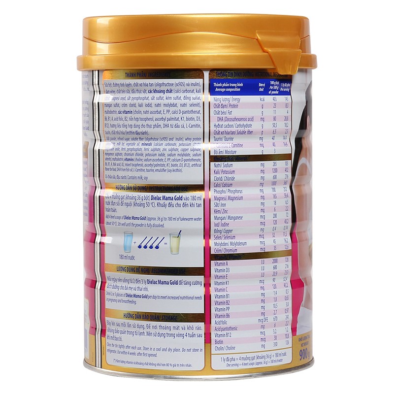 Sữa bột Dielac Mama Gold – Hộp 900g – Dành cho mẹ bầu và cho con bú, bổ sung DHA, canxi, sắt và chất xơ hòa tan